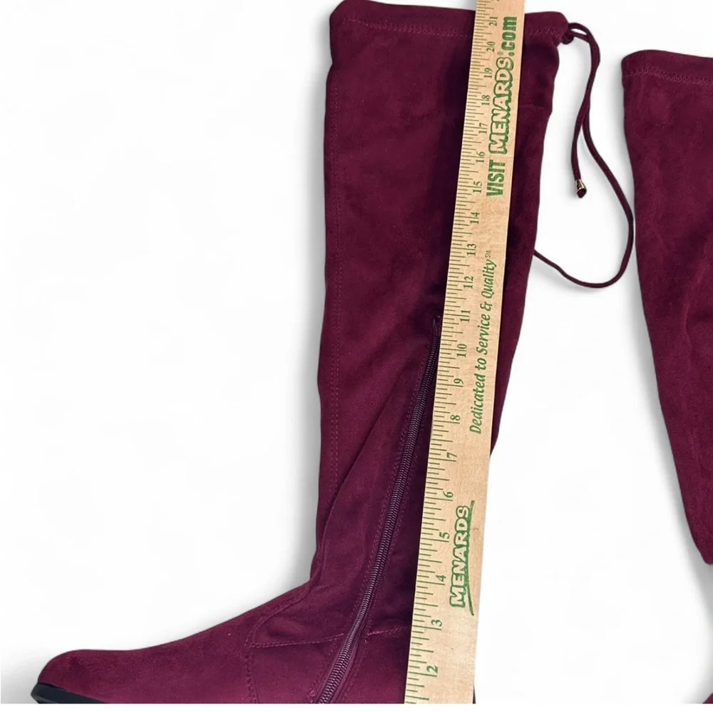 AKIRA Burgundy Over the Knee Boots with Chunky Sole and Lace-Up Design 7 NWT